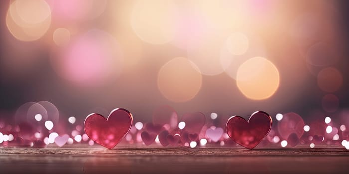 Sweet, hearts with pink background . bokeh ligth and diamond dust. Valentine concept background. Generative AI.