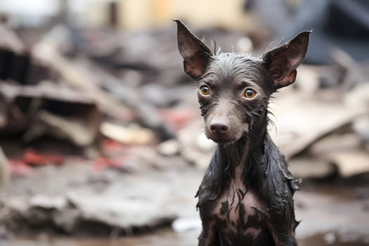Alone wet and dirty American Hairless Terrier after disaster on the background of house rubble. Neural network generated image. Not based on any actual scene or pattern.
