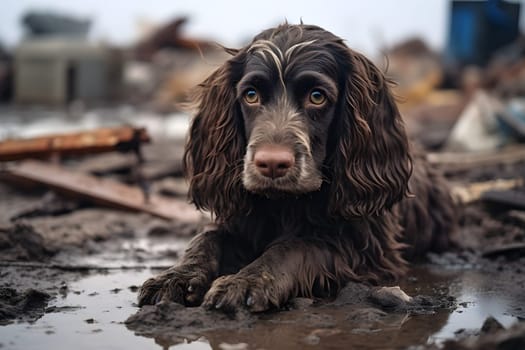 Alone wet and dirty English Cocker Spaniel after disaster on the background of house rubble. Neural network generated image. Not based on any actual scene or pattern.