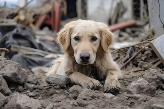 Alone wet dirty Golden Retriever after disaster on the background of house rubble. Neural network generated image. Not based on any actual scene.