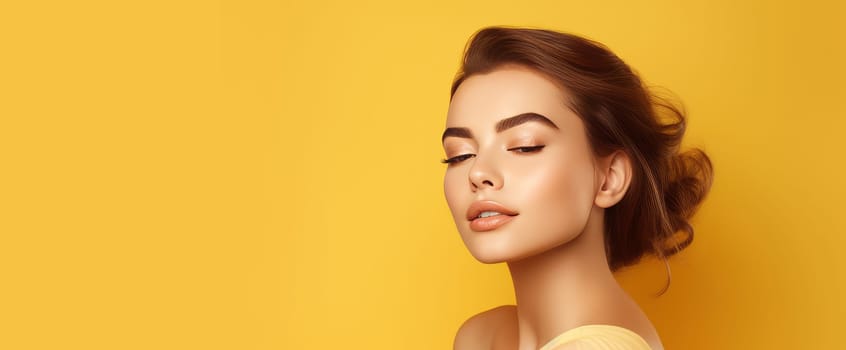 Portrait of a beautiful, elegant, sexy Caucasian woman with perfect skin, on a yellow background, banner. Advertising of cosmetic products, spa treatments, shampoos and hair care, dentistry and medicine, perfumes and cosmetology for women.