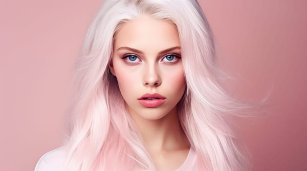 Portrait of a beautiful, elegant, sexy Caucasian woman with perfect skin and white long hair, on a pink background. Advertising of cosmetic products, spa treatments, shampoos and hair care, dentistry and medicine, perfumes and cosmetology for women.