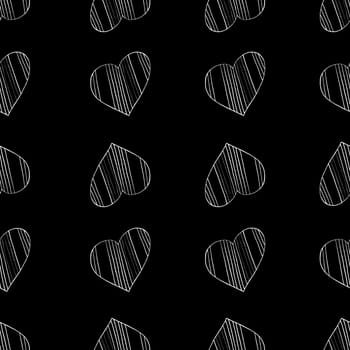 Seamless Pattern with Hearts. Hand Drawn Valentines Background. White Hearts on Black Background. Digital Paper Drawn by Colored Pencils.