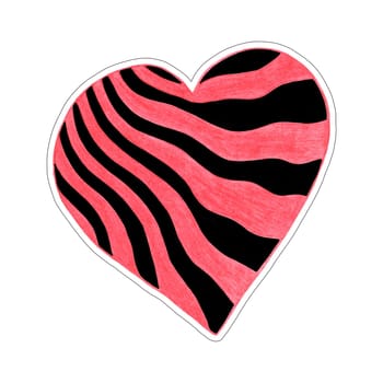 Red and Black Heart Sticker Drawn by Colored Pencil. The Sign of World Heart Day. Symbol of Valentines Day. Heart Shape Isolated on White Background.