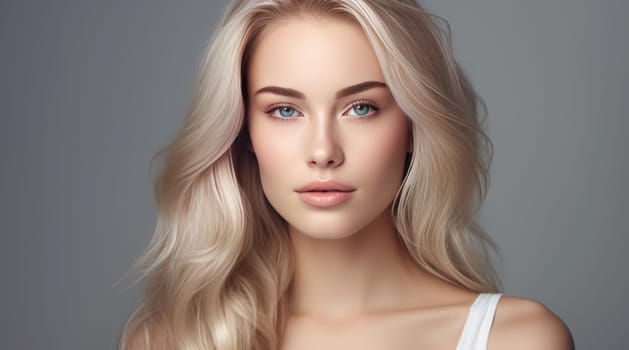 Portrait of a beautiful, elegant, sexy Caucasian woman with perfect skin and white long hair, on a gray background. Advertising of cosmetic products, spa treatments, shampoos and hair care, dentistry and medicine, perfumes and cosmetology for women.