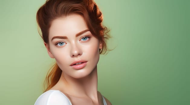 Portrait of a beautiful, elegant, sexy Caucasian woman with perfect skin, on a light green background, banner. Advertising of cosmetic products, spa treatments, shampoos and hair care, dentistry and medicine, perfumes and cosmetology for women.