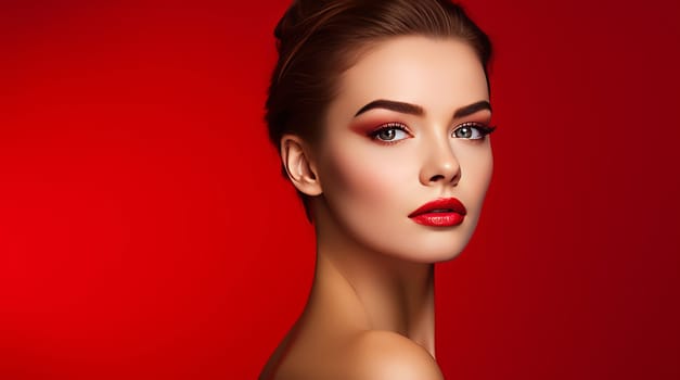 Portrait of a beautiful, elegant, sexy Caucasian woman with perfect skin, on a red background, banner. Advertising of cosmetic products, spa treatments, shampoos and hair care, dentistry and medicine, perfumes and cosmetology for women.