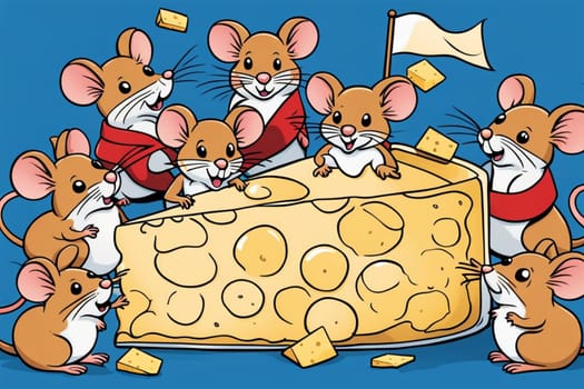 mice eating cheese in a party comic illustration allegory with blue background and flags