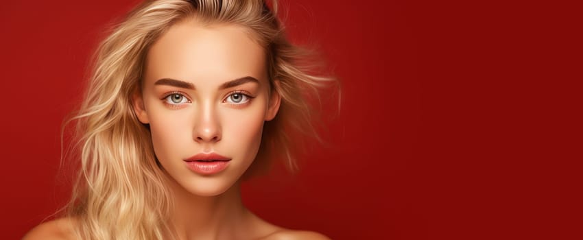 Portrait of a beautiful, sexy Caucasian woman with perfect skin and white long hair, on a red background. Advertising of cosmetic products, spa treatments, shampoos and hair care, dentistry and medicine, perfumes and cosmetology for women.