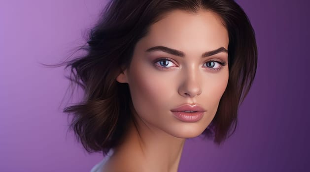 Portrait of a beautiful, elegant, sexy Caucasian woman with perfect skin, on a purple background, banner. Advertising of cosmetic products, spa treatments, shampoos and hair care, dentistry and medicine, perfumes and cosmetology for women.