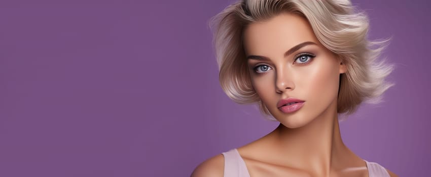 Portrait of a beautiful, sexy Caucasian woman with perfect skin and white long hair, on a purple background. Advertising of cosmetic products, spa treatments, shampoos and hair care, dentistry and medicine, perfumes and cosmetology for women.