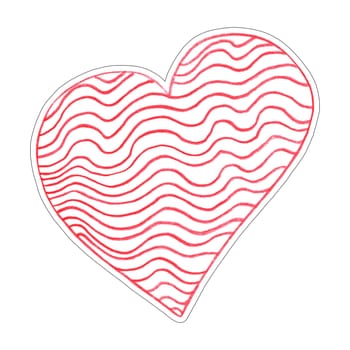 Red Heart Sticker Drawn by Colored Pencil. The Sign of World Heart Day. Symbol of Valentines Day. Heart Shape Isolated on White Background.