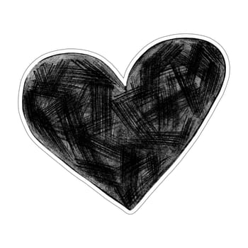 Black Heart Sticker Drawn by Colored Pencil. The Sign of World Heart Day. Symbol of Valentines Day. Heart Shape Isolated on White Background.