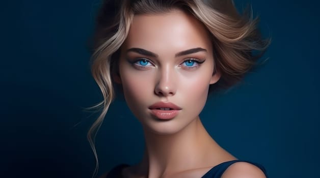 Portrait of a beautiful, elegant, sexy Caucasian woman with perfect skin, on a dark blue background, banner. Advertising of cosmetic products, spa treatments, shampoos and hair care, dentistry and medicine, perfumes and cosmetology for women.