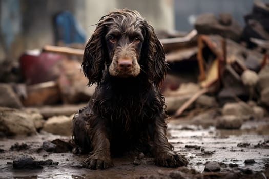 Alone wet and dirty English Cocker Spaniel after disaster on the background of house rubble. Neural network generated image. Not based on any actual scene or pattern.