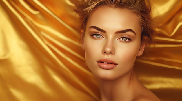 Portrait of a beautiful, elegant, sexy Caucasian woman with perfect skin, on a golden background, banner. Advertising of cosmetic products, spa treatments, shampoos and hair care, dentistry and medicine, perfumes and cosmetology for women.