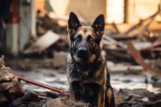 Alone wet and dirty German Shepherd Dog after disaster on the background of house rubble. Neural network generated image. Not based on any actual scene.