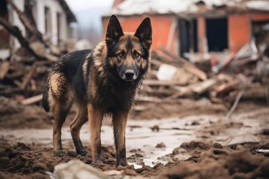 Alone wet and dirty German Shepherd Dog after disaster on the background of house rubble. Neural network generated image. Not based on any actual scene.