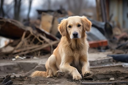 Alone wet dirty Golden Retriever after disaster on the background of house rubble. Neural network generated image. Not based on any actual scene.