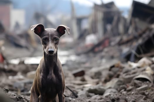 Alone wet and dirty Italian Greyhound after disaster on the background of house rubble. Neural network generated image. Not based on any actual scene.