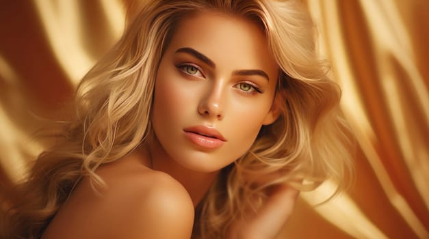 Portrait of a beautiful, sexy Caucasian woman with perfect skin and white long hair, on a golden background. Advertising of cosmetic products, spa treatments, shampoos and hair care, dentistry and medicine, perfumes and cosmetology for women.