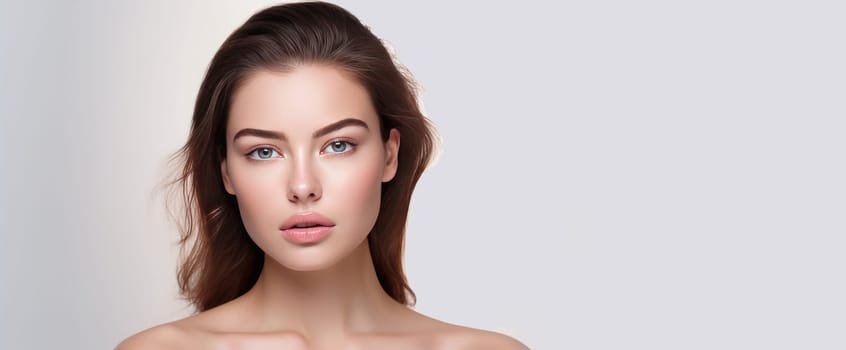 Portrait of a beautiful, elegant, sexy Caucasian woman with perfect skin, on a white background, banner. Advertising of cosmetic products, spa treatments, shampoos and hair care, dentistry and medicine, perfumes and cosmetology for women.