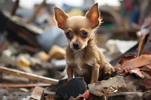 Alone and hungry chihuahua after disaster on the background of house rubble. Neural network generated image. Not based on any actual scene.