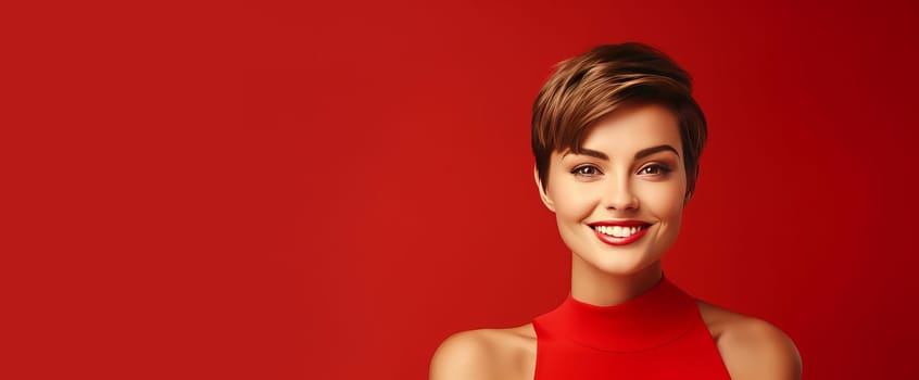 Portrait of a beautiful, sexy smiling Caucasian woman with perfect skin and short hair, on a red background. Advertising of cosmetic products, spa treatments, shampoos and hair care, dentistry and medicine, perfumes and cosmetology for women.
