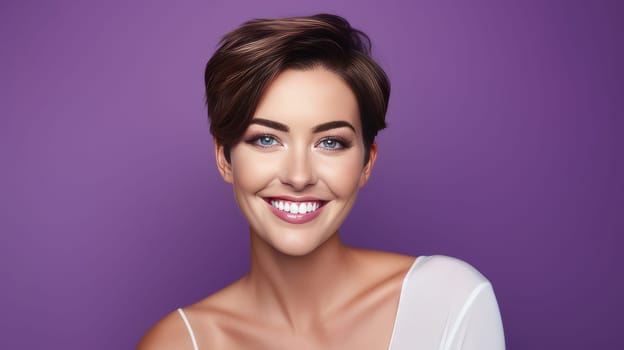 Portrait of a beautiful, sexy smiling Caucasian woman with perfect skin and short haircut, on a purple background. Advertising of cosmetic products, spa treatments, shampoos and hair care, dentistry and medicine, perfumes and cosmetology for women.