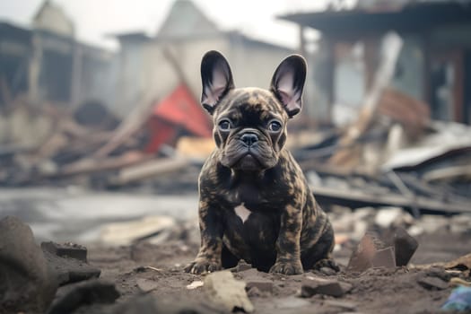 Alone and hungry French Bulldog after disaster on the background of house rubble. Neural network generated image. Not based on any actual scene.