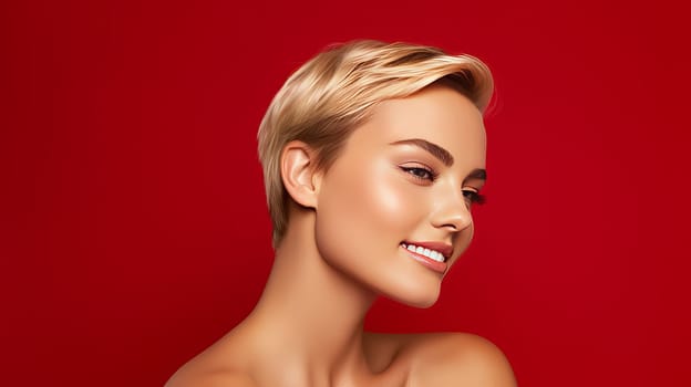 Portrait of a beautiful, sexy Caucasian woman with perfect skin and white short hair, on a red background. Advertising of cosmetic products, spa treatments, shampoos and hair care, dentistry and medicine, perfumes and cosmetology for women.