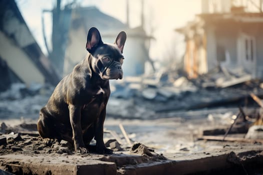 Alone and hungry French Bulldog after disaster on the background of house rubble. Neural network generated image. Not based on any actual scene.