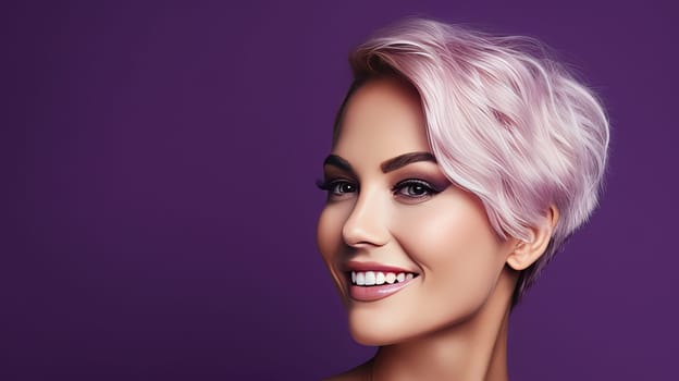 Portrait of a beautiful, sexy Caucasian woman with perfect skin and white short hair, on a purple background. Advertising of cosmetic products, spa treatments, shampoos and hair care, dentistry and medicine, perfumes and cosmetology for women.