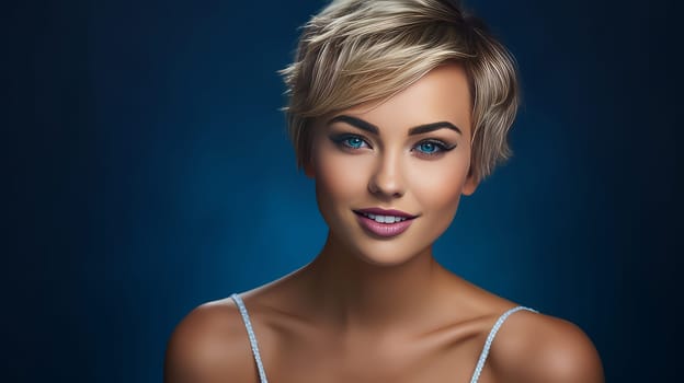 Portrait of a beautiful, sexy Caucasian woman with perfect skin and white short hair, on a dark blue background. Advertising of cosmetic products, spa treatments, shampoos and hair care, dentistry and medicine, perfumes and cosmetology for women.