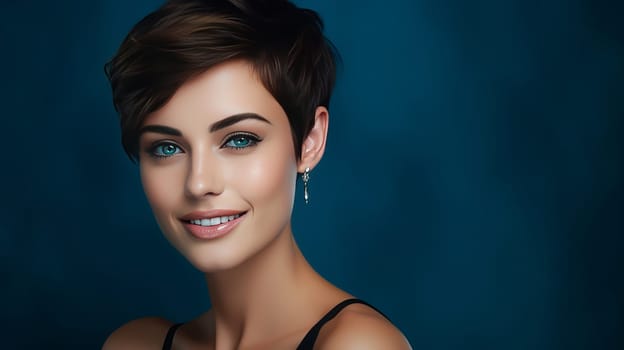 Portrait of a beautiful, sexy smiling Caucasian woman with perfect skin and short hair, on a dark blue background. Advertising of cosmetic products, spa treatments, shampoos and hair care, dentistry and medicine, perfumes and cosmetology for women.