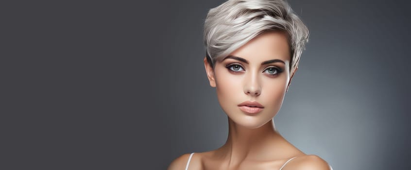 Portrait of a beautiful, sexy smiling Caucasian woman with perfect skin and short haircut, on a silver background. Advertising of cosmetic products, spa treatments, shampoos and hair care, dentistry and medicine, perfumes and cosmetology for women.