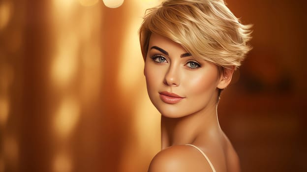 Portrait of a beautiful, sexy Caucasian woman with perfect skin and white short hair, on a golden background. Advertising of cosmetic products, spa treatments, shampoos and hair care, dentistry and medicine, perfumes and cosmetology for women.