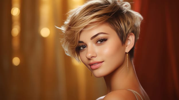 Portrait of a beautiful, sexy smiling Caucasian woman with perfect skin and short haircut, on a golden background. Advertising of cosmetic products, spa treatments, shampoos and hair care, dentistry and medicine, perfumes and cosmetology for women.