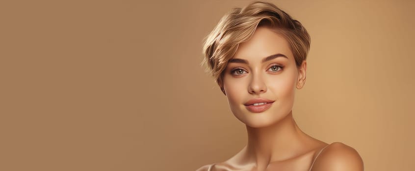 Portrait of a beautiful, sexy Caucasian woman with perfect skin and white short hair, on a creamy beige background. Advertising of cosmetic products, spa treatments, shampoos and hair care, dentistry and medicine, perfumes and cosmetology for women.