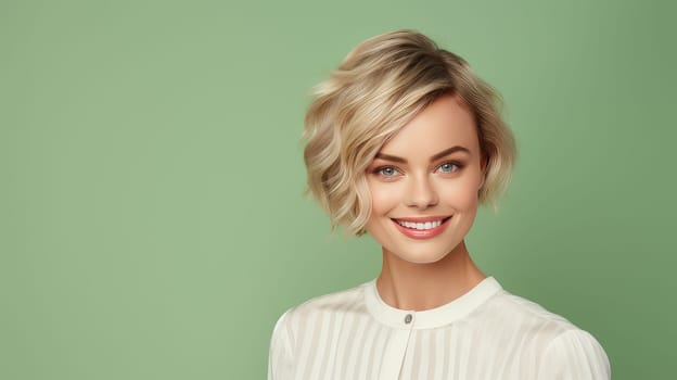 Portrait of a beautiful, sexy Caucasian woman with perfect skin and white short hair, on a light green background. Advertising of cosmetic products, spa treatments, shampoos and hair care, dentistry and medicine, perfumes and cosmetology for women.