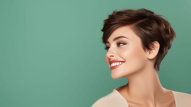 Portrait of a beautiful, sexy smiling Caucasian woman with perfect skin and short hair, on a light green background. Advertising of cosmetic products, spa treatments, shampoos and hair care, dentistry and medicine, perfumes and cosmetology for women.