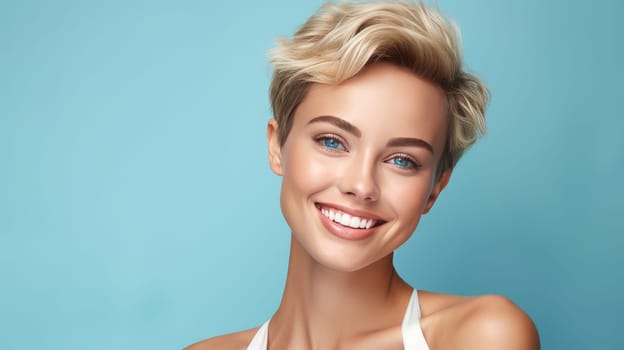 Portrait of a beautiful, sexy Caucasian woman with perfect skin and white short hair, on a light blue background. Advertising of cosmetic products, spa treatments, shampoos and hair care, dentistry and medicine, perfumes and cosmetology for women.