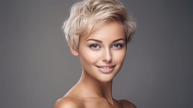 Portrait of a beautiful, sexy Caucasian woman with perfect skin and white short hair, on a gray background. Advertising of cosmetic products, spa treatments, shampoos and hair care, dentistry and medicine, perfumes and cosmetology for women.