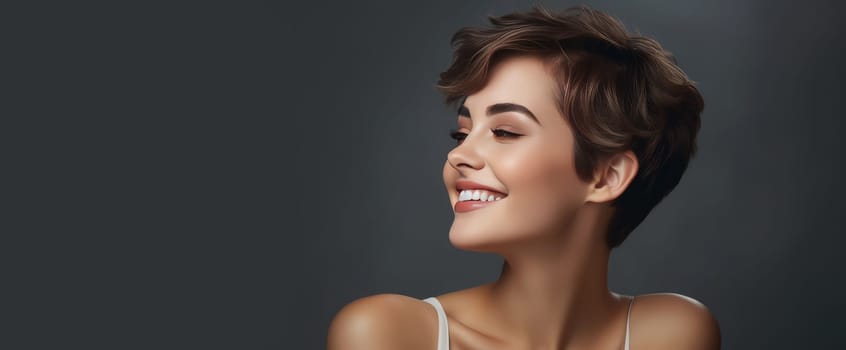 Portrait of a beautiful, sexy smiling Caucasian woman with perfect skin and short haircut, on a gray background. Advertising of cosmetic products, spa treatments, shampoos and hair care, dentistry and medicine, perfumes and cosmetology for women.