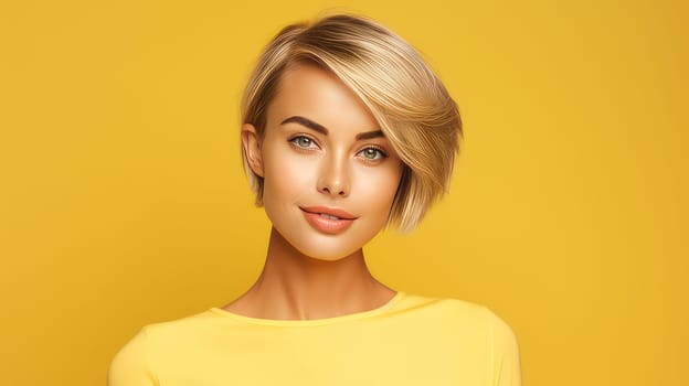 Portrait of a beautiful, sexy Caucasian woman with perfect skin and white short hair, on a yellow background. Advertising of cosmetic products, spa treatments, shampoos and hair care, dentistry and medicine, perfumes and cosmetology for women.