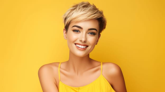 Portrait of a beautiful, sexy smiling Caucasian woman with perfect skin and short hair, on a yellow background. Advertising of cosmetic products, spa treatments, shampoos and hair care, dentistry and medicine, perfumes and cosmetology for women.