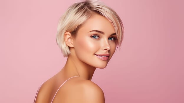 Portrait of a beautiful, sexy Caucasian woman with perfect skin and white short hair, on a pink background. Advertising of cosmetic products, spa treatments, shampoos and hair care, dentistry and medicine, perfumes and cosmetology for women.