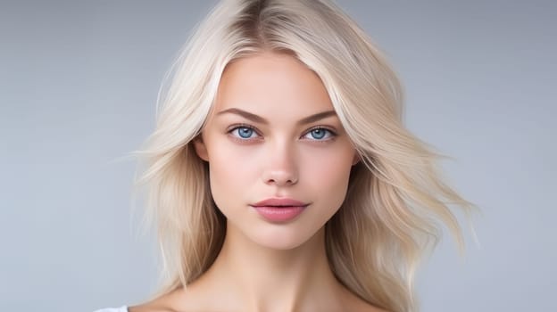 Portrait of a beautiful, sexy Caucasian woman with perfect skin and white long hair, on a white background. Advertising of cosmetic products, spa treatments, shampoos and hair care, dentistry and medicine, perfumes and cosmetology for women.