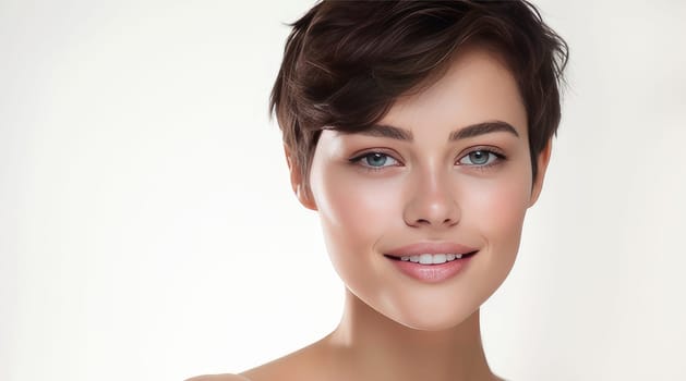 Portrait of a beautiful, sexy smiling Caucasian woman with perfect skin and short haircut, on a white background. Advertising of cosmetic products, spa treatments, shampoos and hair care, dentistry and medicine, perfumes and cosmetology for women.