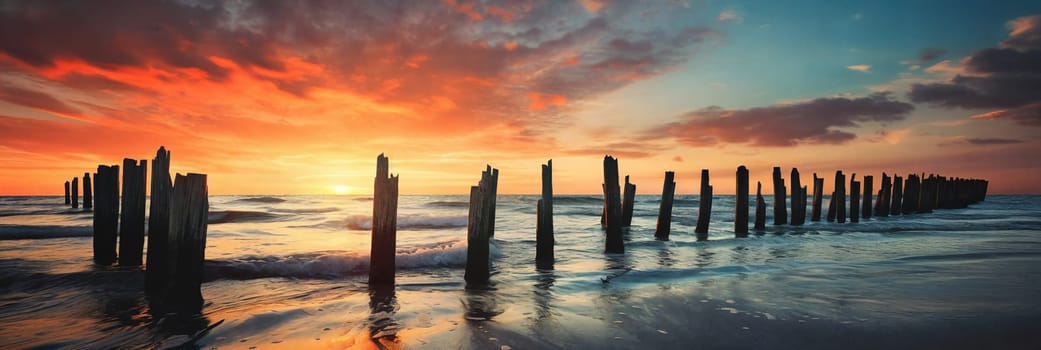 A tranquil scene of a broken wooden jetty stretching out into the golden sea, framed by a stunning sunset sky